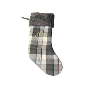 Dog Christmas Stocking Gray Plaid Paw Print Pet Holiday Stocking Faux Fur Cuff U